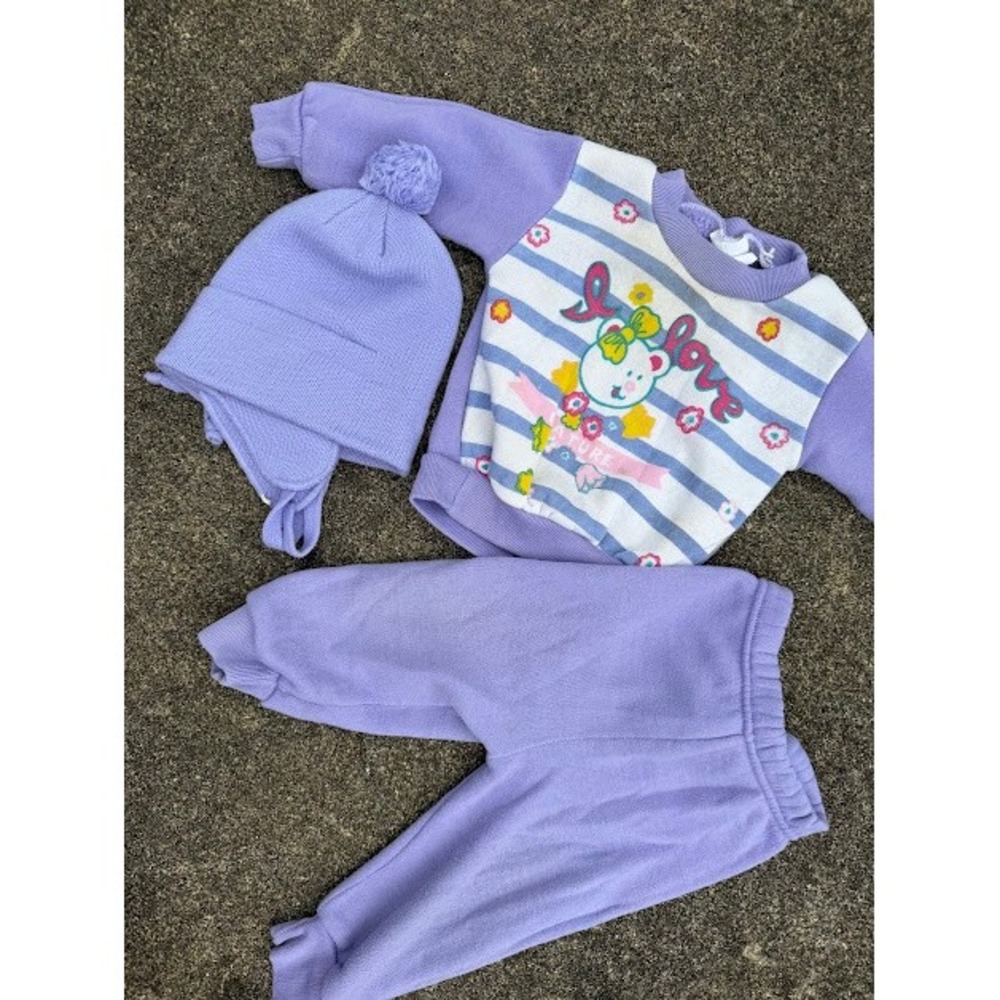 Vintage Kidcore Pastel Lavender Tracksuit Bear Set 18M Purple 3pc Hat Flaws
